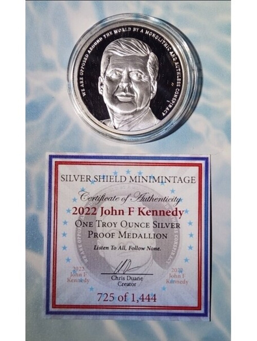 JOHN F KENNEDY 1oz 999 Fine Silver Proof COA #725/1444 Silver Shield MiniMintage